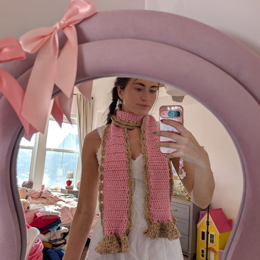 Handmade Pink and Tan Crochet Scarf
